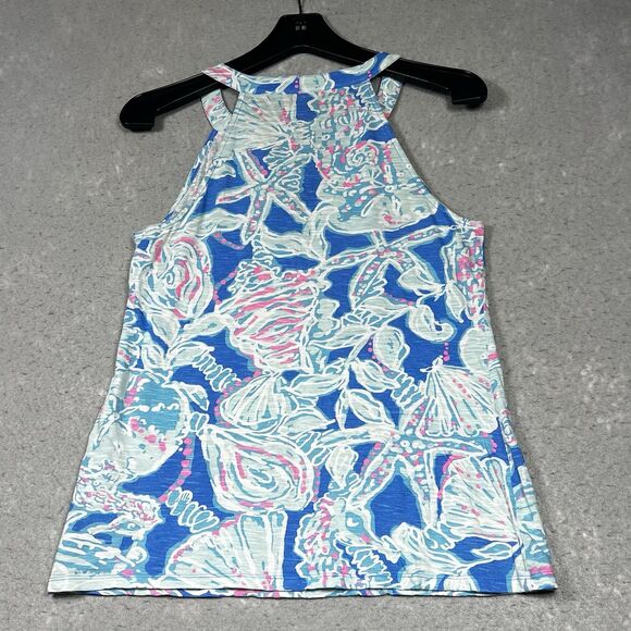 Lilly Pulitzer Tank Top Size Small Arya Bay Blue Into The Deep Pink Shell Print - Picture 8 of 13